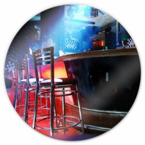 4mm starkes Glas Wandbild Rund Glasbild Retro Party Cocktail Bar Snooker Ø 30cm - bunt