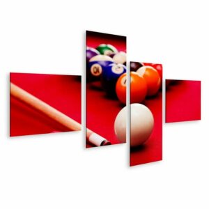 islandburner Leinwandbild "Bild auf Leinwand Billard Pool Spiel Queue Kugel Farbe Kugeln im Dreieck Kreide Rotes Tuch Tisch Wandbild Poster Kunstdruck Bilder"