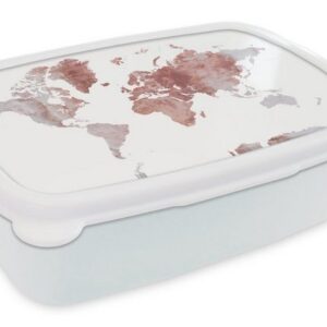 MuchoWow Lunchbox "Weltkarte - Marmor - Rot", Kunststoff, (2-tlg), Brotbox für Kinder und Erwachsene, Brotdose, für Jungs und Mädchen