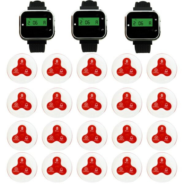 JINGLE BELLS Queue Paging System Pager System 3 Watch Receiver+20 Call buttons Wireless Waiter Calling System For Restaurant