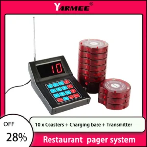 YARMEE Wireless Restaurant Equipments Pager Calling System 10 Receiver + Transmitter + Charging base For Customers queuing