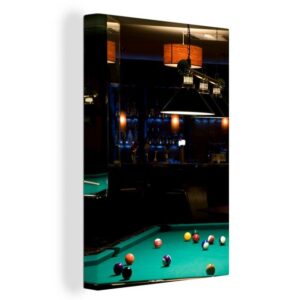 OneMillionCanvasses® Leinwandbild Ein Billardtisch ist voller Kugeln in einer Kneipe, (1 St), Leinwandbild fertig bespannt inkl. Zackenaufhänger, Gemälde, 20x30 cm